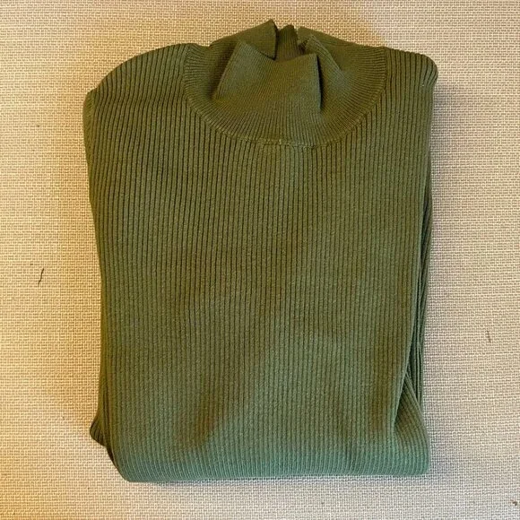 BEST Sezane Harper Midi Knit Dress Large Moss Green Ribbed French High Neckline - Picture 3 of 7